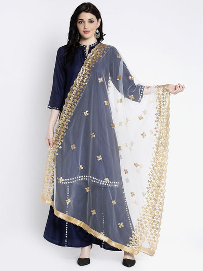 White embellished net dupatta with ethnic gold border design.
