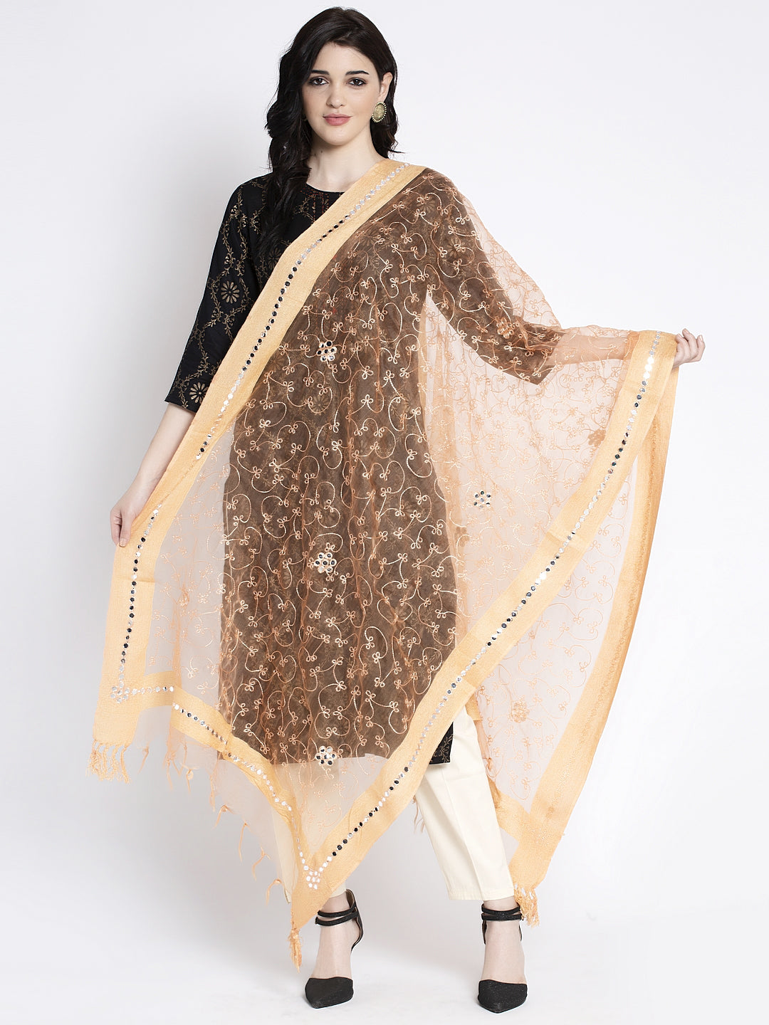 Clora Golden Heavy Mirror Work Net Dupatta