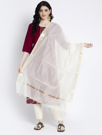 Cream printed silk dupatta with ethnic design and elegant border.
