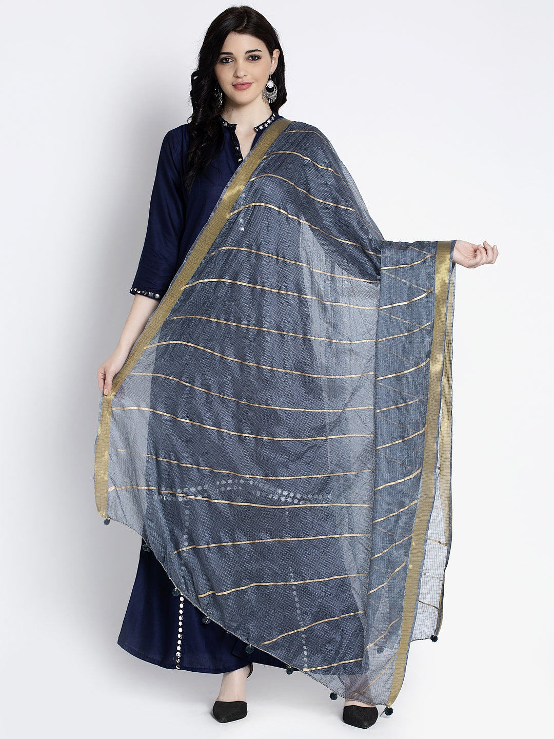 Clora Golden Heavy Mirror Work Net Dupatta