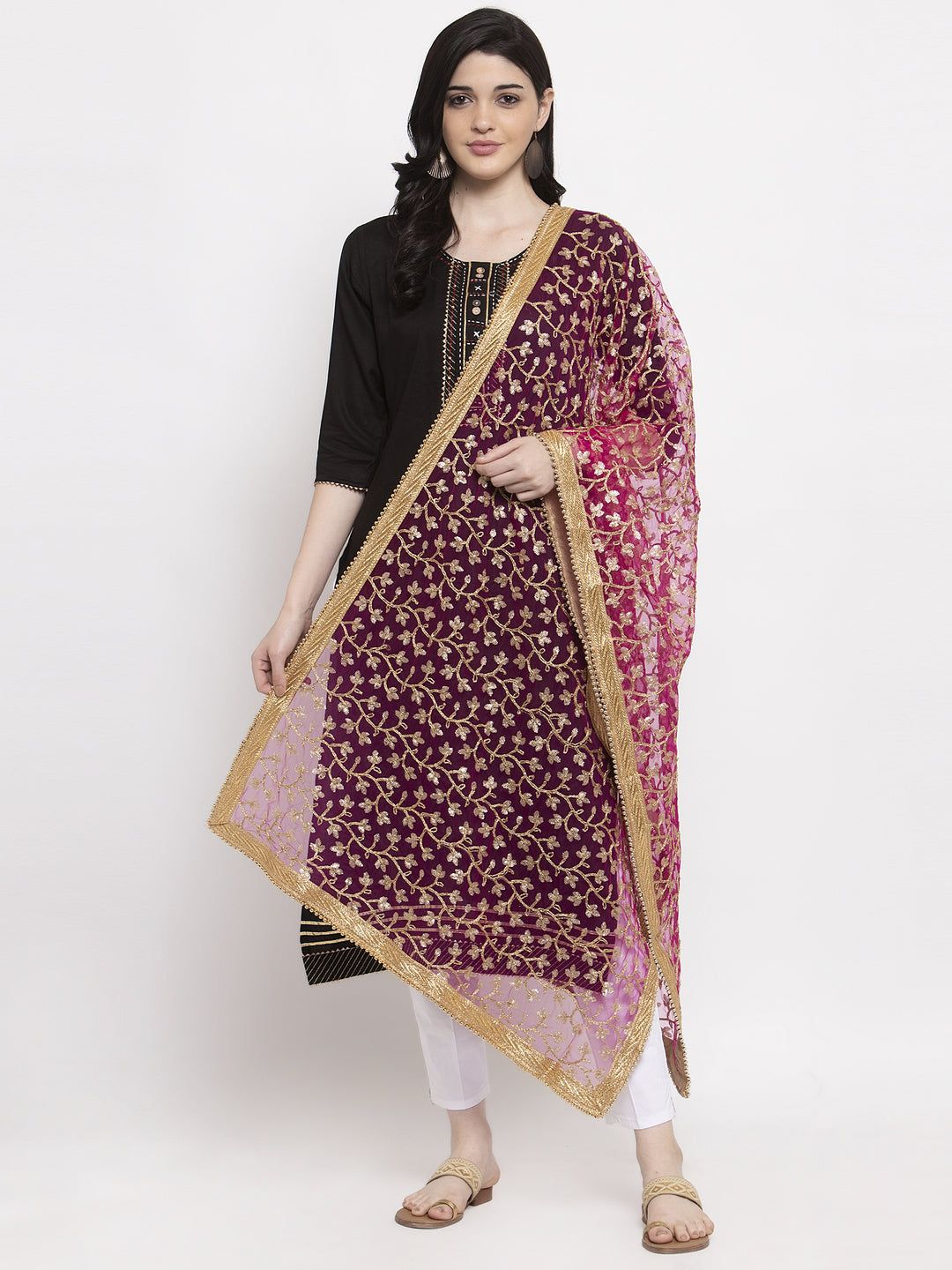 Magenta embellished net dupatta with intricate design, styled with ethnic attire.