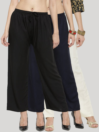 Clora Solid Black, Navy Blue & Off-White Rayon Palazzo (Pack Of 3)