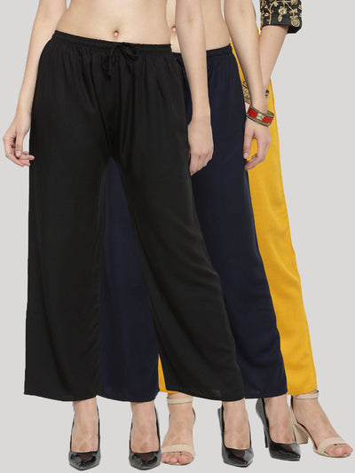 Clora Solid Black, Navy Blue & Mustard Rayon Palazzo (Pack Of 3)