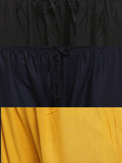 Clora Solid Black, Navy Blue & Mustard Rayon Palazzo (Pack Of 3)