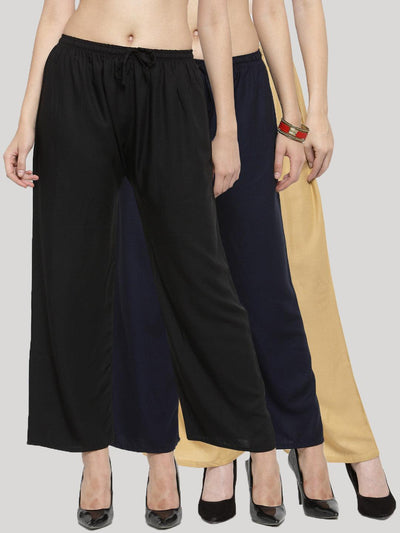 Clora Solid Black, Navy Blue & Fawn Rayon Palazzo (Pack Of 3)