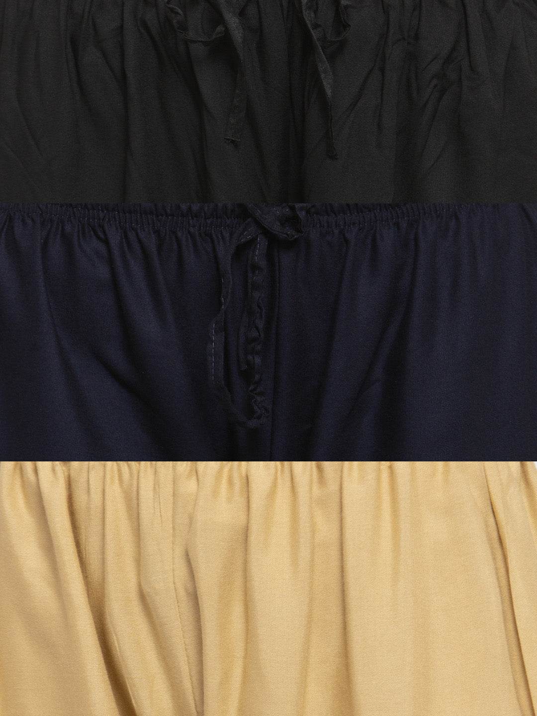 Solid black, navy blue, and fawn rayon palazzo pack of three with elastic waistband and drawstring.
