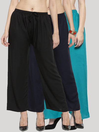 Clora Solid Black, Navy Blue & Fawn Rayon Palazzo (Pack Of 3)