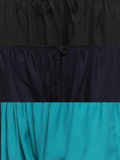 Solid black, navy blue, and fawn rayon palazzo pack with elasticated waistband and drawstring.