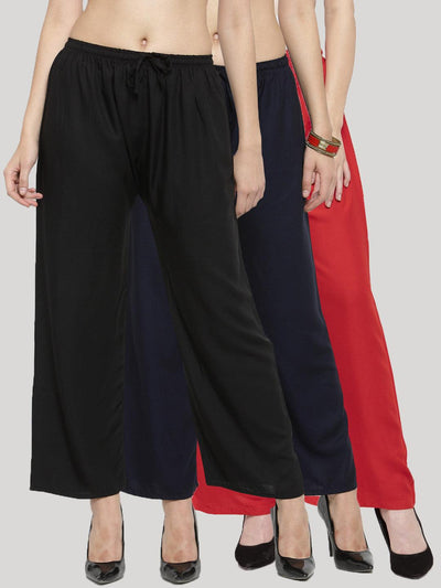 Clora Solid Black, Navy Blue & Red Rayon Palazzo (Pack Of 3)