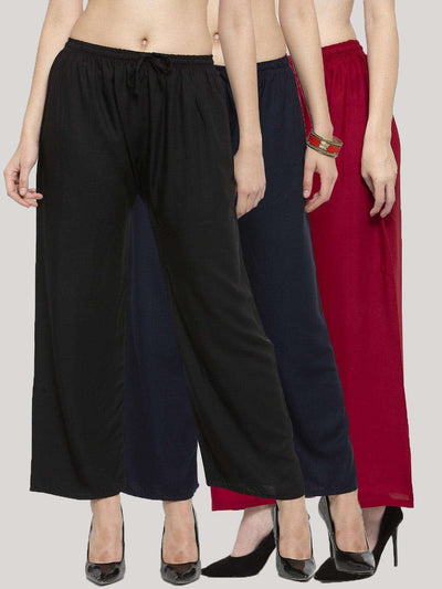 Clora Solid Black, Navy Blue & Maroon Rayon Palazzo (Pack Of 3)