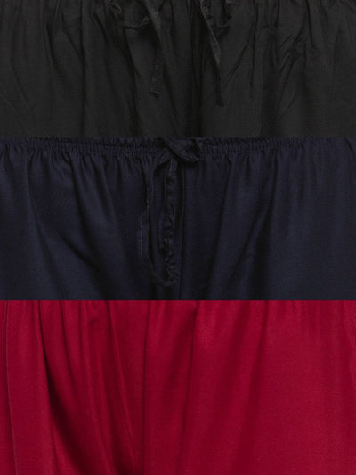 Clora Solid Black, Navy Blue & Maroon Rayon Palazzo (Pack Of 3)