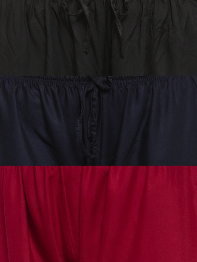 Clora Solid Black, Navy Blue & Maroon Rayon Palazzo (Pack Of 3)
