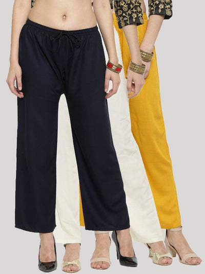 Solid navy blue, off-white, and mustard rayon palazzo pack with elastic waistband and drawstring closure.