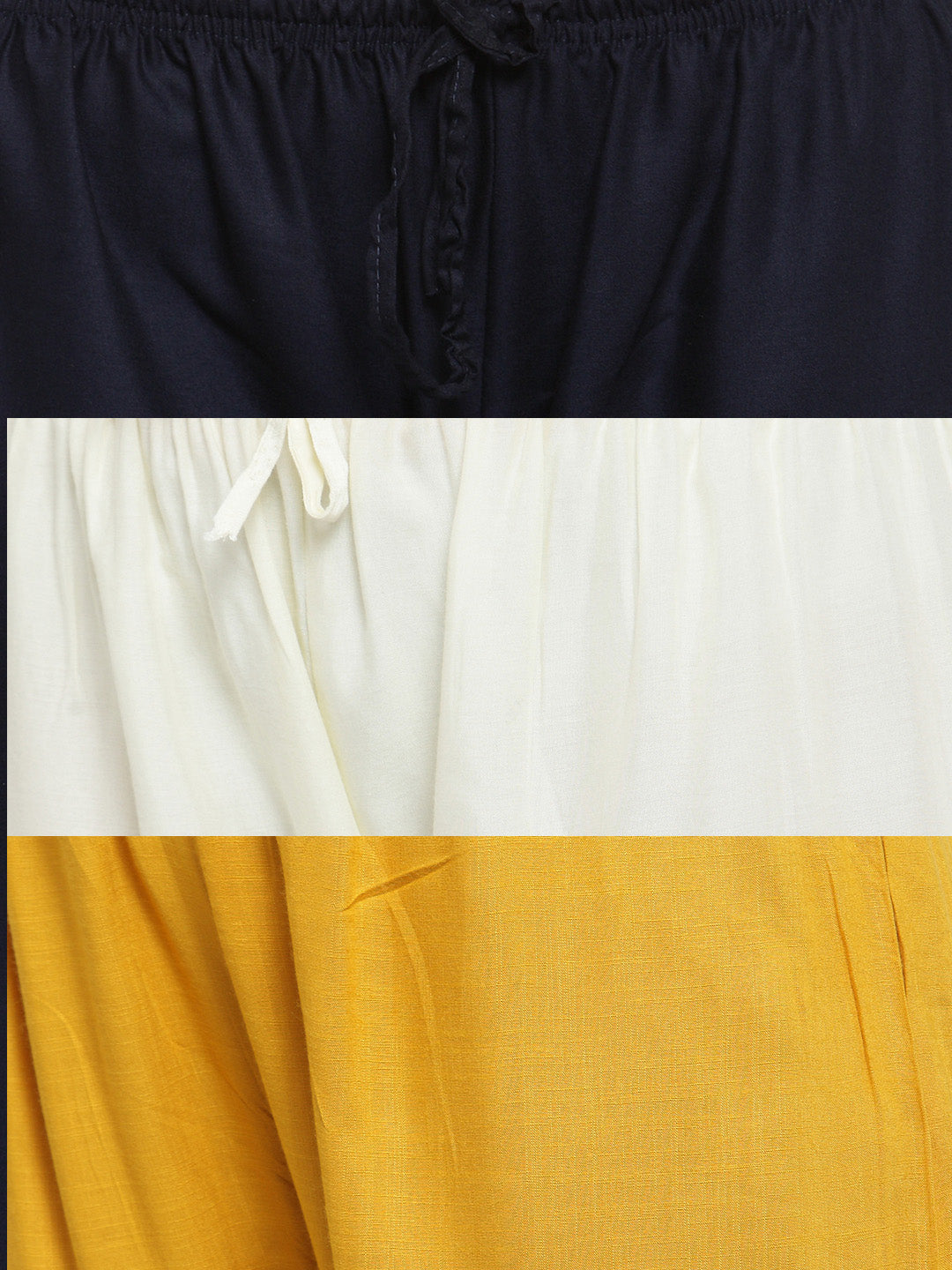 Clora Solid Navy Blue, Off-White & Mustard Rayon Palazzo (Pack Of 3)