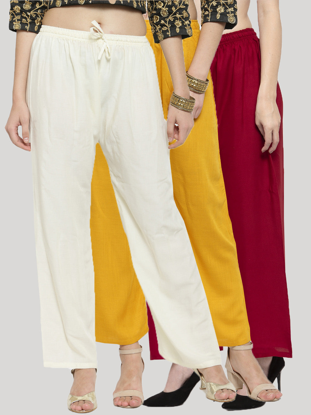 Clora Solid Off-White, Mustard & Maroon Rayon Palazzo (Pack Of 3)