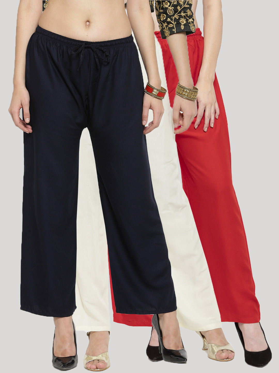 Clora Solid Navy Blue, Off-White & Red Rayon Palazzo (Pack Of 3)
