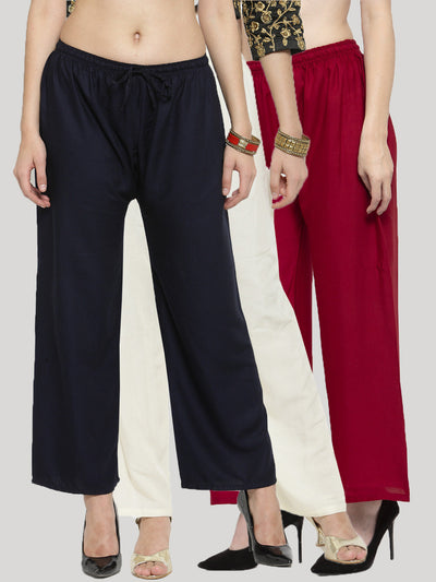 Clora Solid Navy Blue, Off-White & Maroon Rayon Palazzo (Pack Of 3)