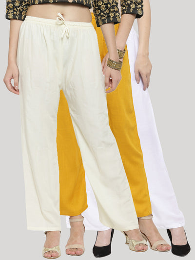 Clora Solid Off-White, Mustard & White Rayon Palazzo (Pack Of 3)