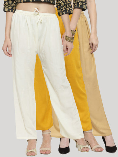 Clora Solid Off-White, Mustard & Fawn Rayon Palazzo (Pack Of 3)
