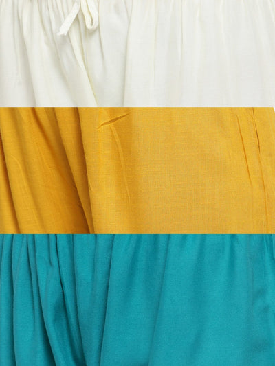 Solid off-white, mustard, and red rayon palazzo pack with elasticated waistband.