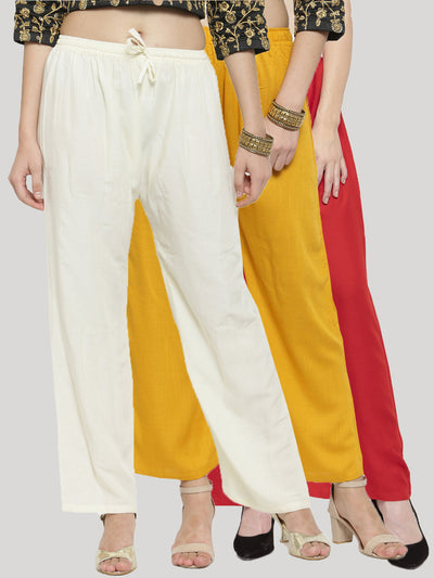 Clora Solid Off-White, Mustard & Red Rayon Palazzo (Pack Of 3)