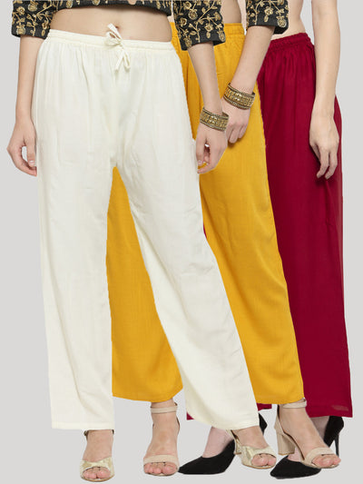 Clora Solid Off-White, Mustard & Maroon Rayon Palazzo (Pack Of 3)