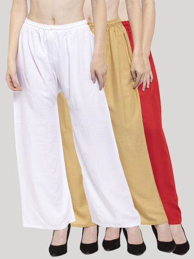 Clora Solid White, Fawn & Red Rayon Palazzo (Pack Of 3)