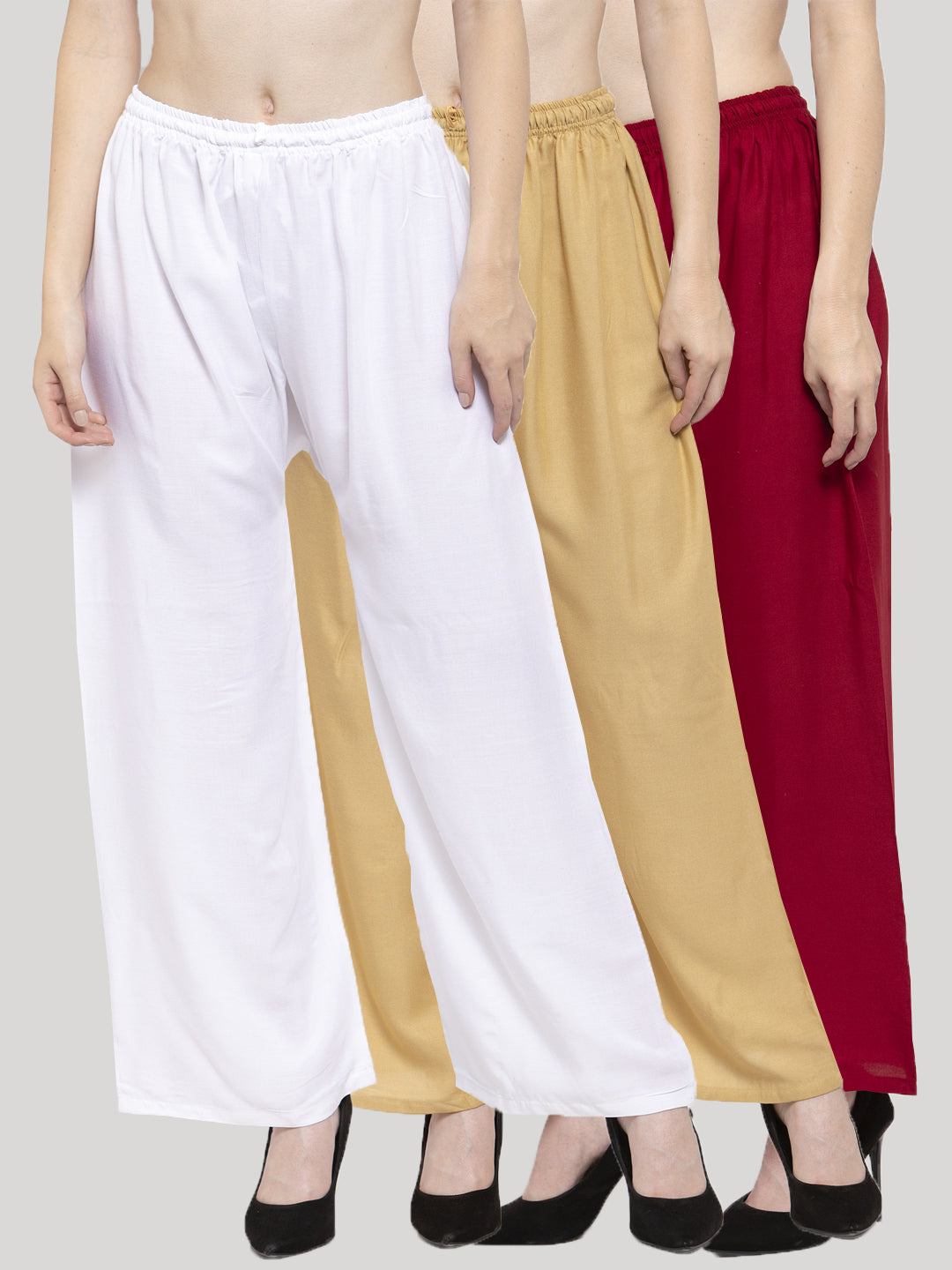 Solid white, fawn, and maroon rayon palazzo pack with elasticated waistband and drawstring closure.