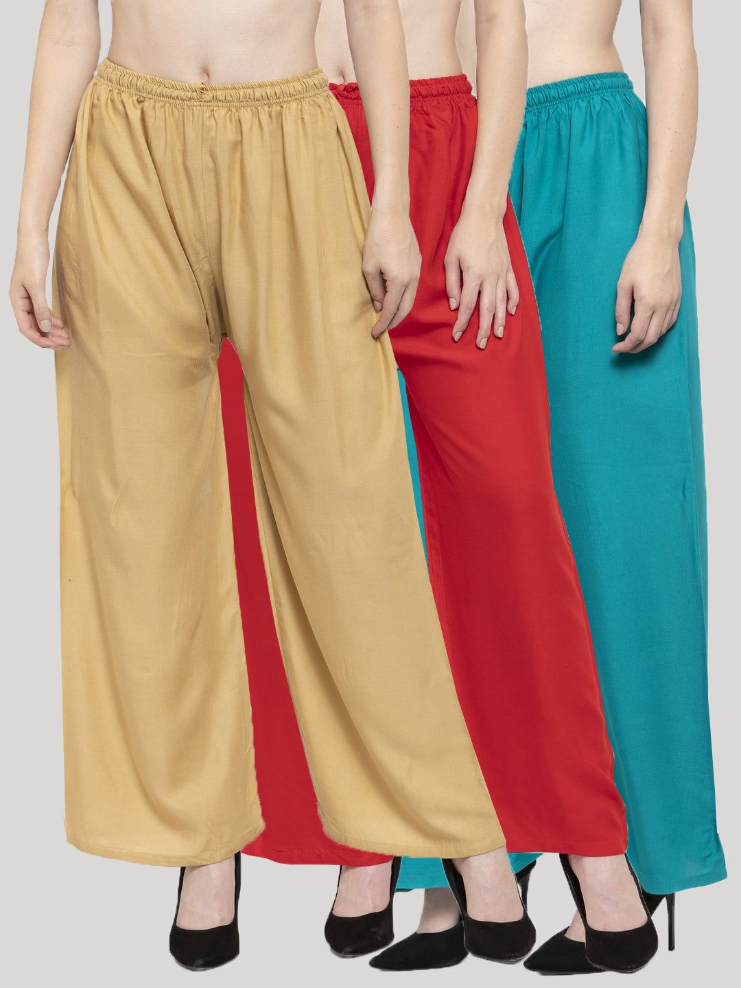 Solid fawn, red, and turquoise rayon palazzo pants pack with elasticated waistband and drawstring closure.
