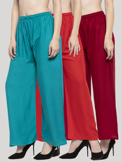 Clora Solid Turquoise, Red & Maroon Rayon Palazzo (Pack Of 3)
