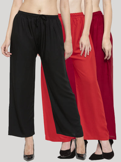 Clora Solid Black, Red & Maroon Rayon Palazzo (Pack Of 3)
