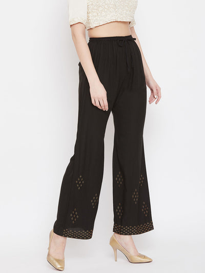 Black straight embellished palazzo with stone work and elasticated waistband from Clora.