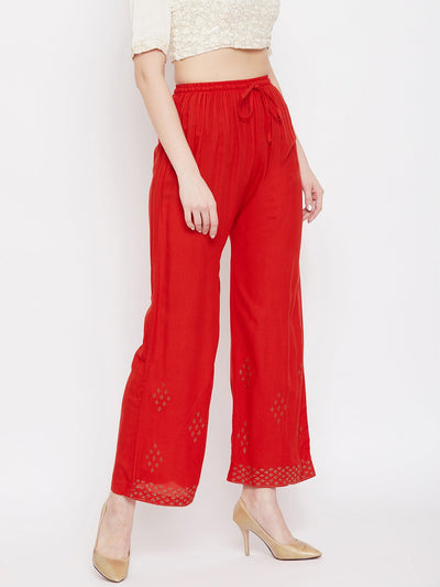 Red Straight Embellished Palazzo with stonework and elasticated waistband.