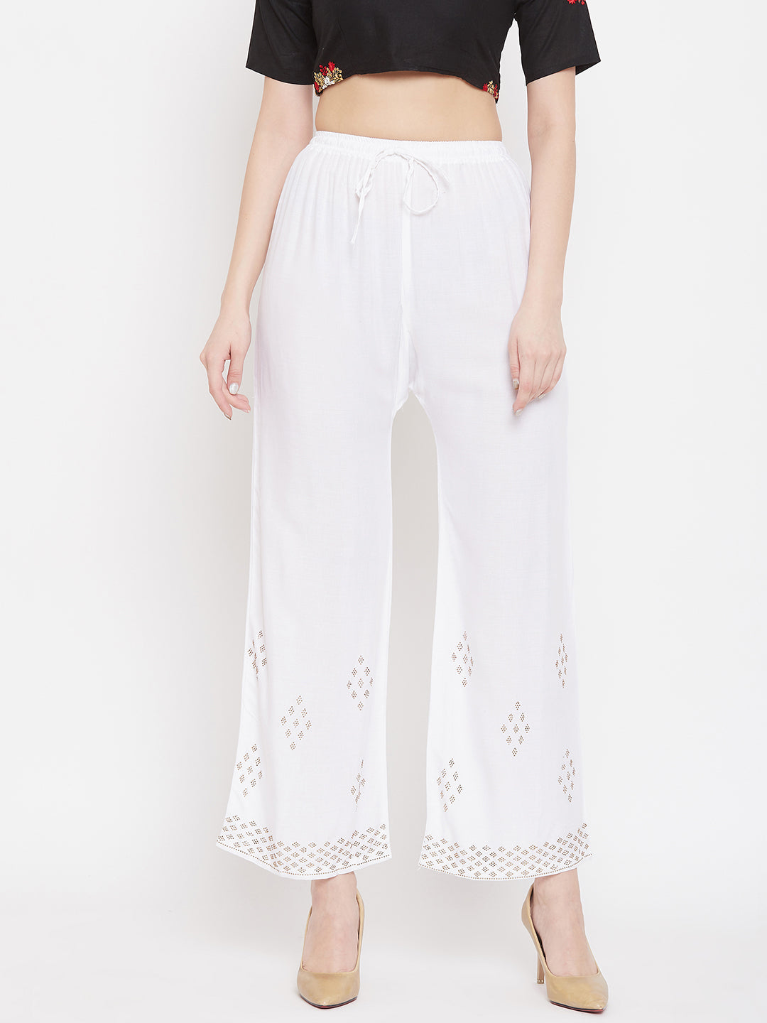 White straight embellished palazzo with stone work and elasticated waistband.