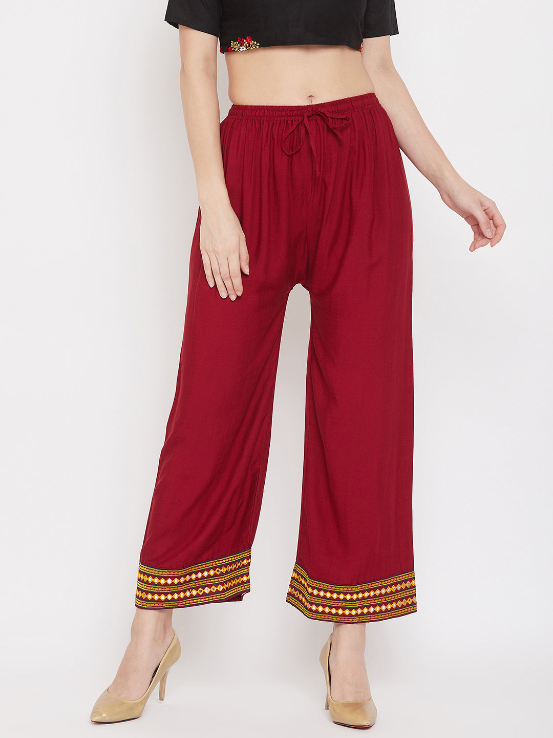 Clora Maroon Hem Design Embroidered Straight Palazzo