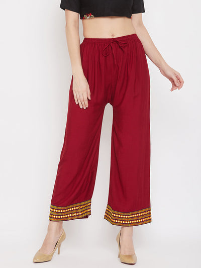 Clora Maroon Hem Design Embroidered Straight Palazzo
