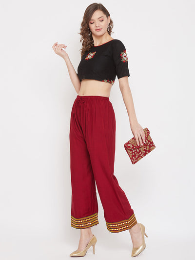 Clora Maroon Hem Design Embroidered Straight Palazzo