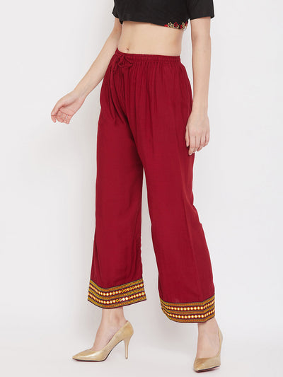 Clora Maroon Hem Design Embroidered Straight Palazzo