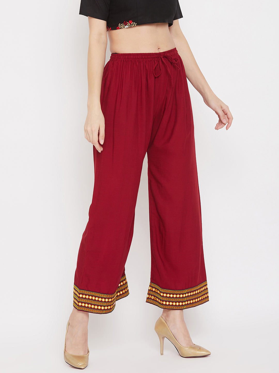 Clora Maroon Hem Design Embroidered Straight Palazzo