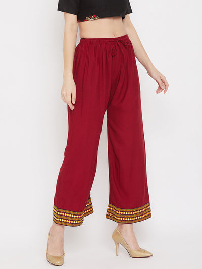 Clora Maroon Hem Design Embroidered Straight Palazzo