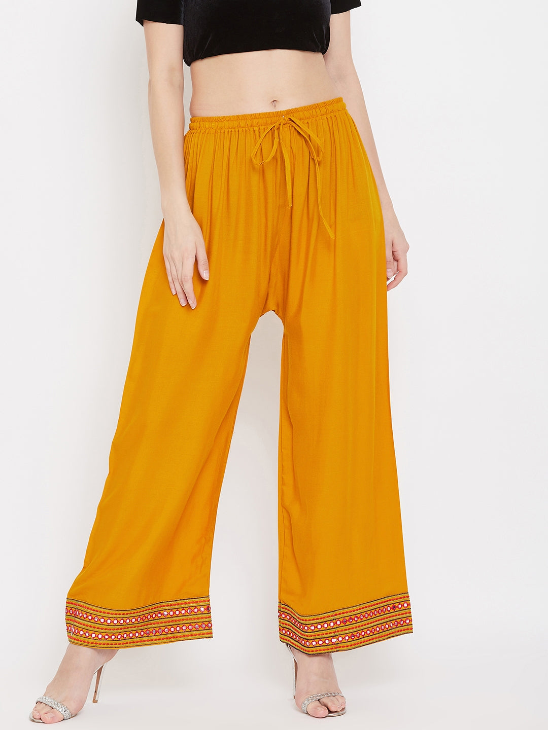 Clora Mustard Hem Design Embroidered Straight Palazzo
