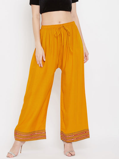 Clora Mustard Hem Design Embroidered Straight Palazzo