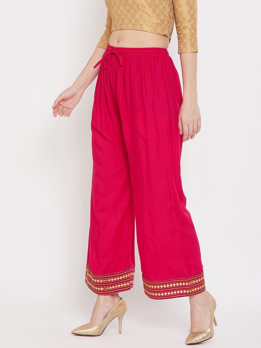 Magenta hem design embroidered straight palazzo with comfortable rayon fabric.