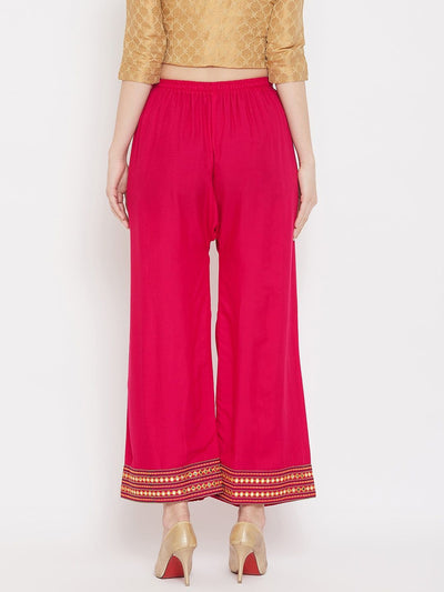 Magenta hem design embroidered straight palazzo in lightweight rayon.