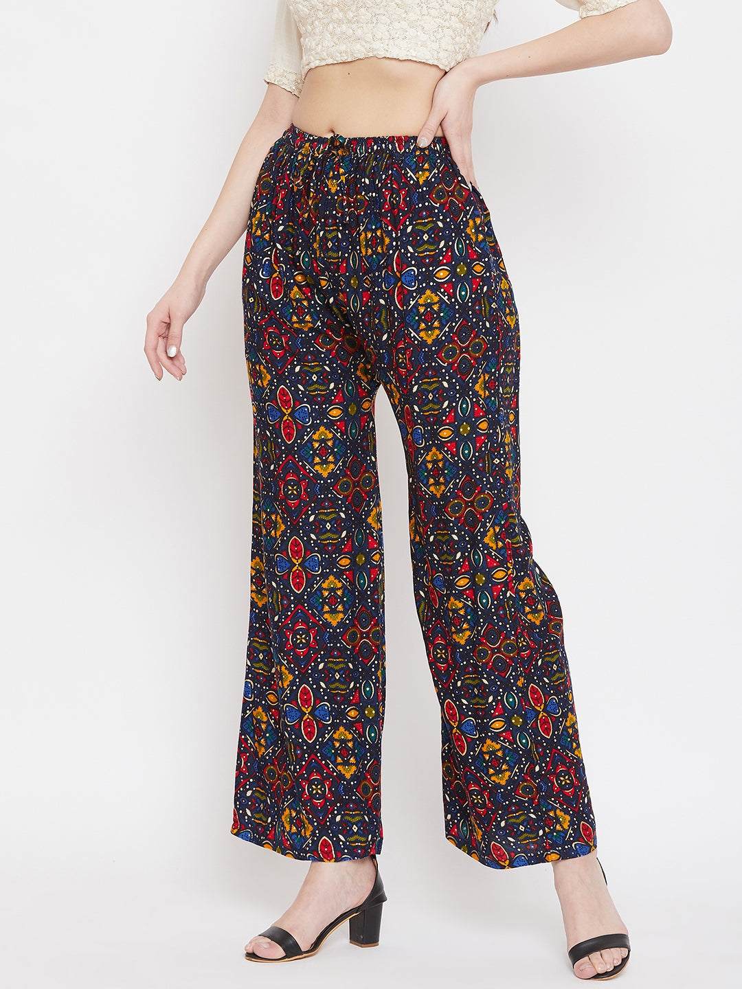 Navy Blue Printed Rayon Palazzo with vibrant patterns.