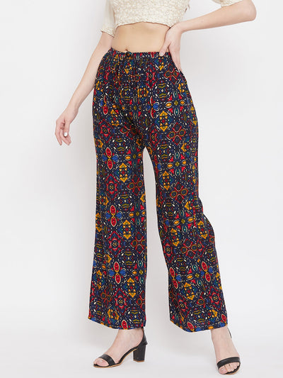 Navy Blue Printed Rayon Palazzo with vibrant patterns.