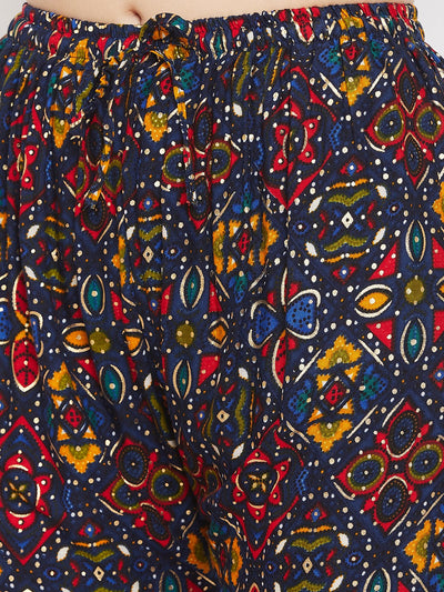 Navy blue printed rayon palazzo with colorful patterns.