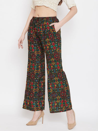 Bottle Green Printed Rayon Palazzo with floral pattern.