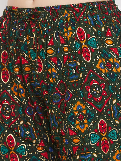 Bottle Green Printed Rayon Palazzo with vibrant geometric patterns.