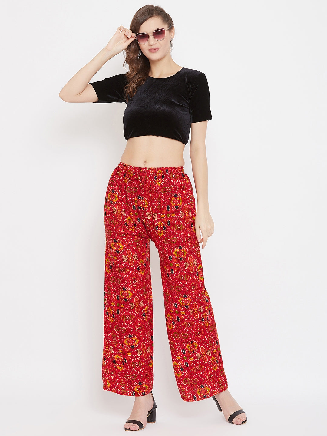 Red printed rayon palazzo with stylish design.